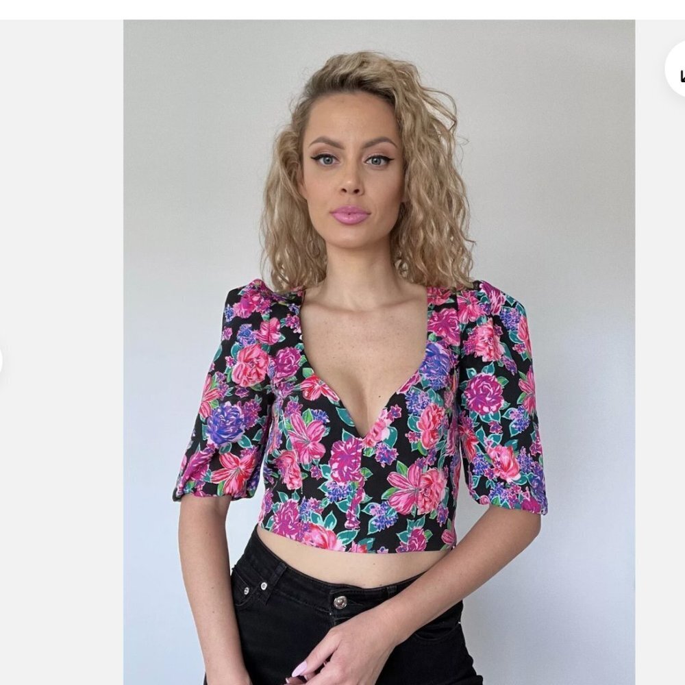 Zara Floral Print Puff Sleeve Crop Top Pink Black Size M NEW WITH TAG!